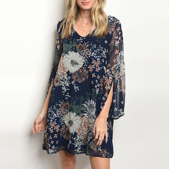 Navy Blush Floral Shift Tunic Dress - Picture 1 of 5